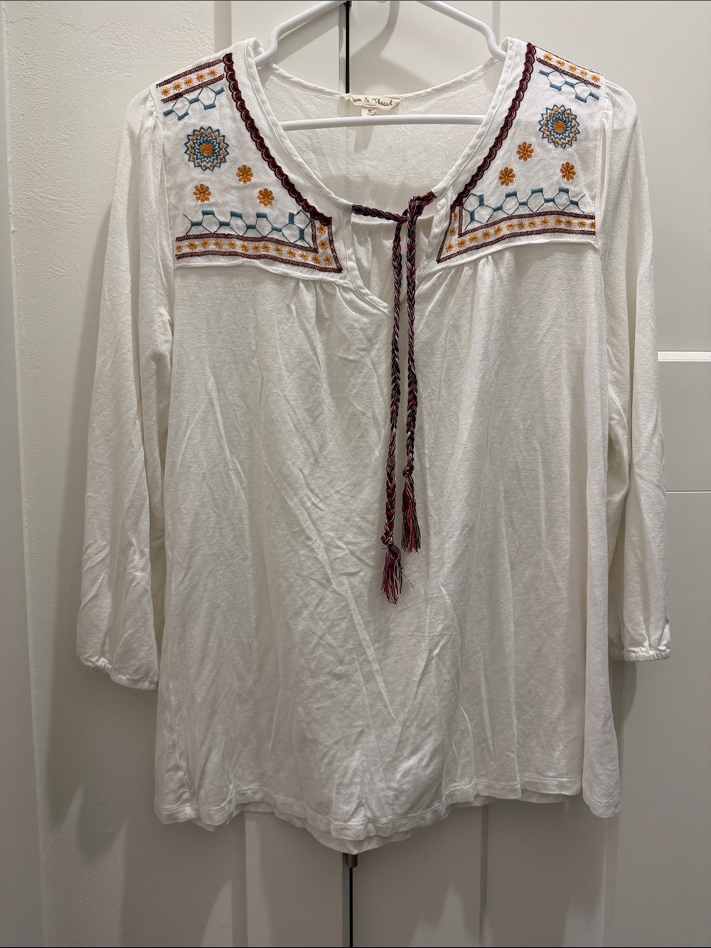 Hem & Thread White Embroidered Peasant Blouse with Tassel Tie